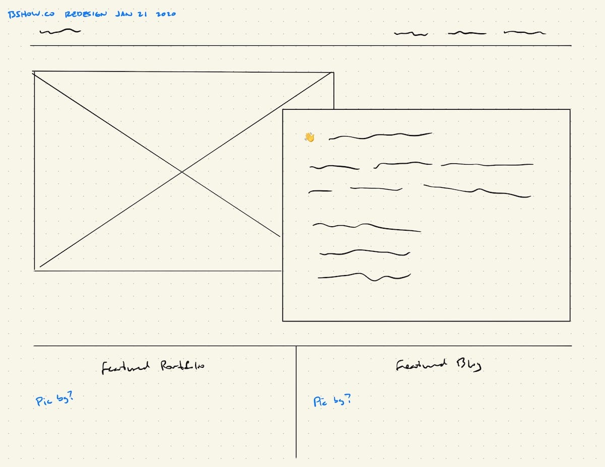 Rough
wireframe-style sketch of the new website home page, drawn with digital ink
on a dot grid