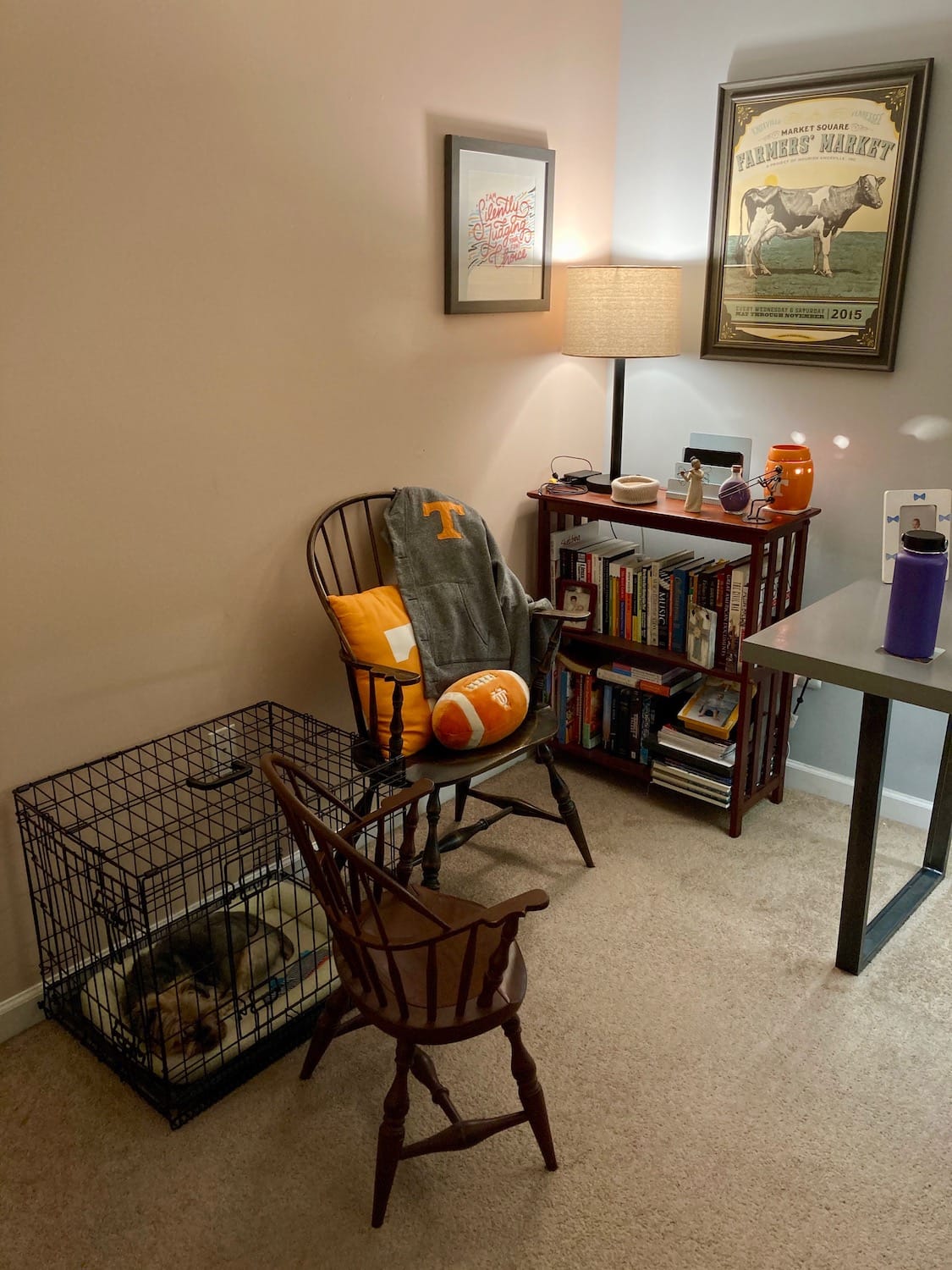 Picture of the reading corner, complete with Windsor chairs, a full
bookshelf, and Tennessee Volunteers decor